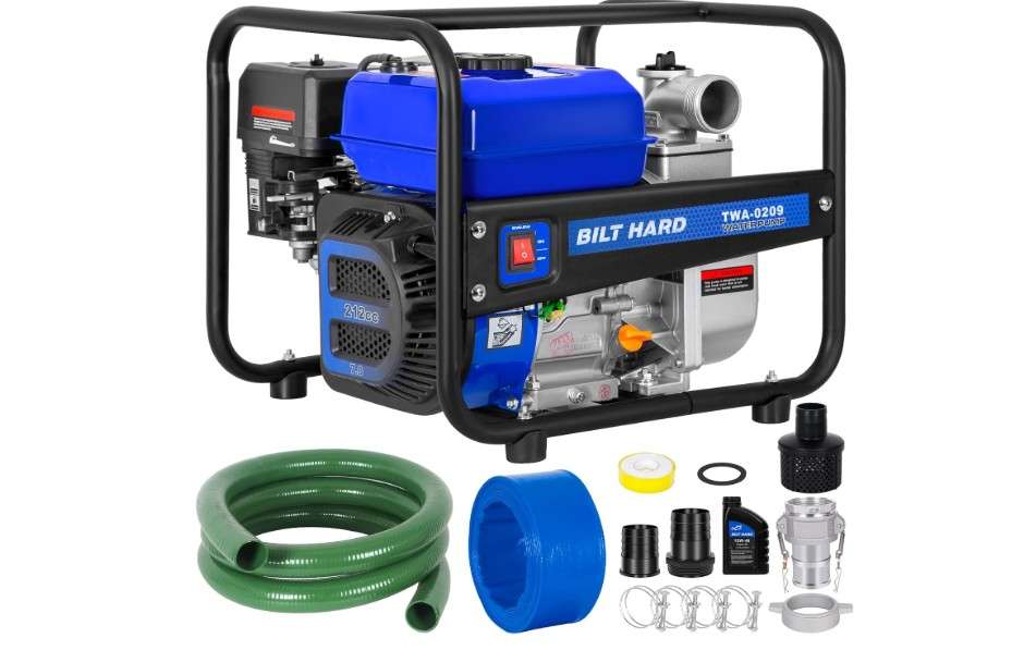 BILT HARD Semi Trash Pump 2 inch, 158 GPM 7HP Gas Powered Water Pump, 212cc 4-Cycle Engine with 50 ft Discharge Hose, 12 ft Suction Hose and Complete...