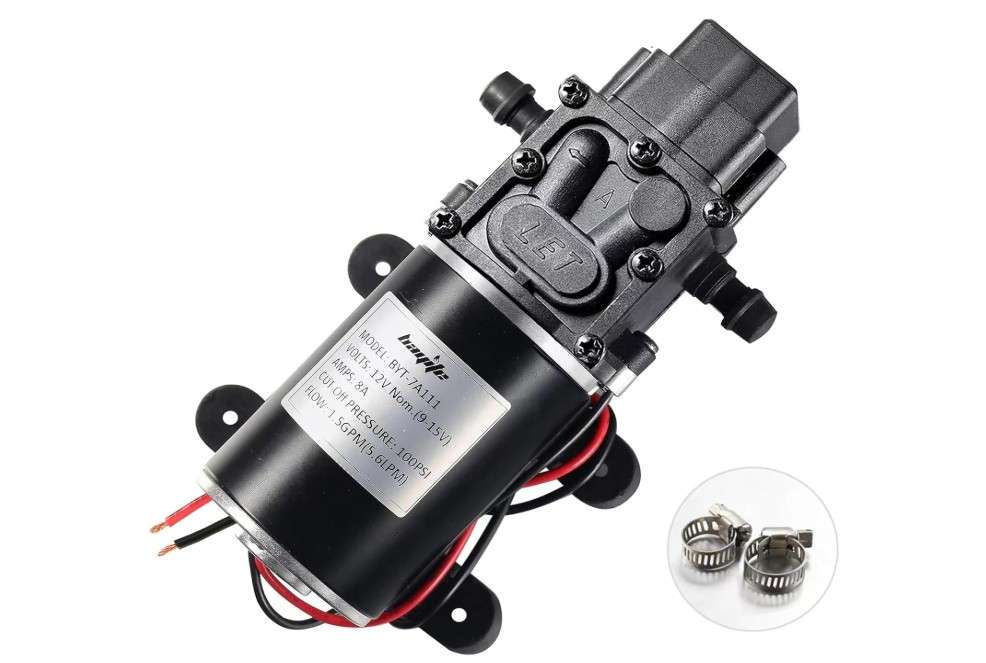 bayite 12V Diaphragm Water Pump, 1.5 GPM (5.6 L/Min) 100 PSI, 12 Volt DC Fresh Water Pump with 2 Hose Clamps, Self Priming Sprayer Pump with Pressure Switch...