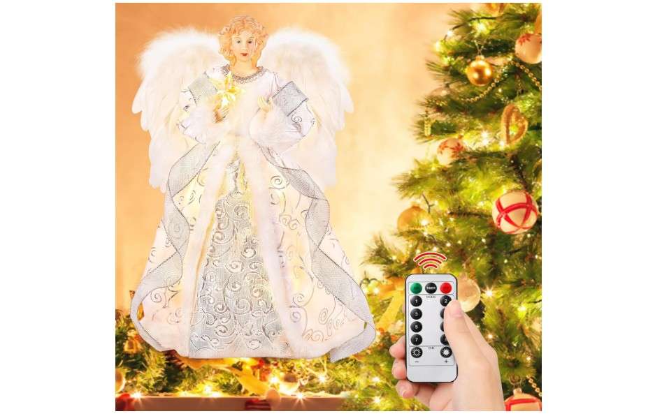 PEEKI Christmas Tree Topper, 15" Angel Treetop with Lights and Remote Control Timer, Christmas Tree Decoration for Holiday Ornament and Home Decor, Silver