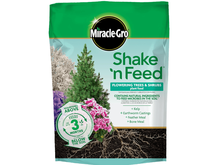 Miracle-Gro Shake 'N Feed Flowering Trees and Shrubs Plant Food, For In-Ground and Container Plants, Acid-Loving Flowering Plants, 8 lbs