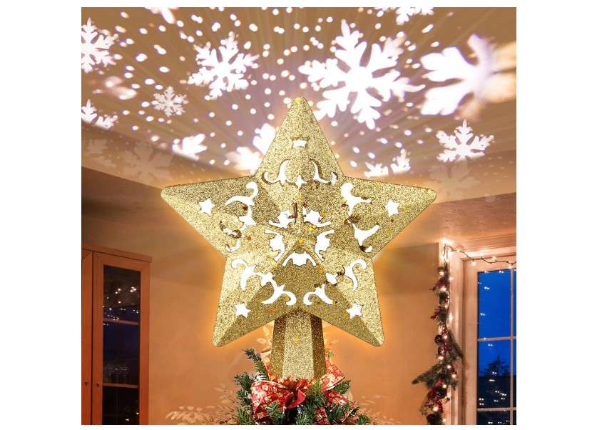 Christmas Tree Topper Projector, LED Star Tree Topper Lighted, Glitter Gold Star Topper Projector with Rotating Snowflake Projection for Indoor Christmas...