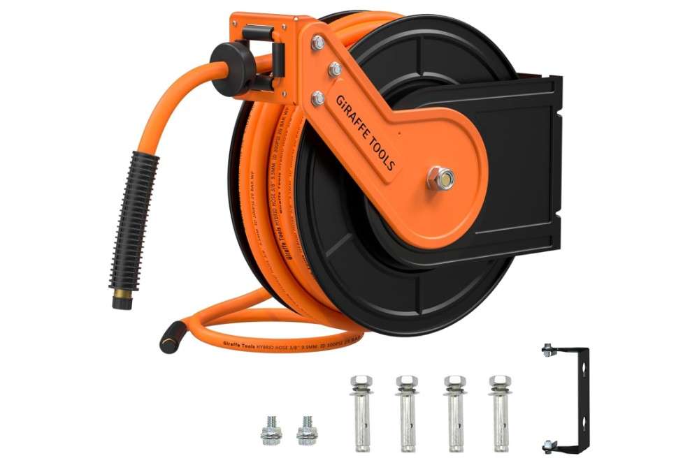 Giraffe Tools TA15BPLUS Retractable Air Hose Reel with Swivel Bracket 3/8" x 50 ft Hybrid Hose, Ceiling/Wall Mounted Heavy Duty Industrial Air...