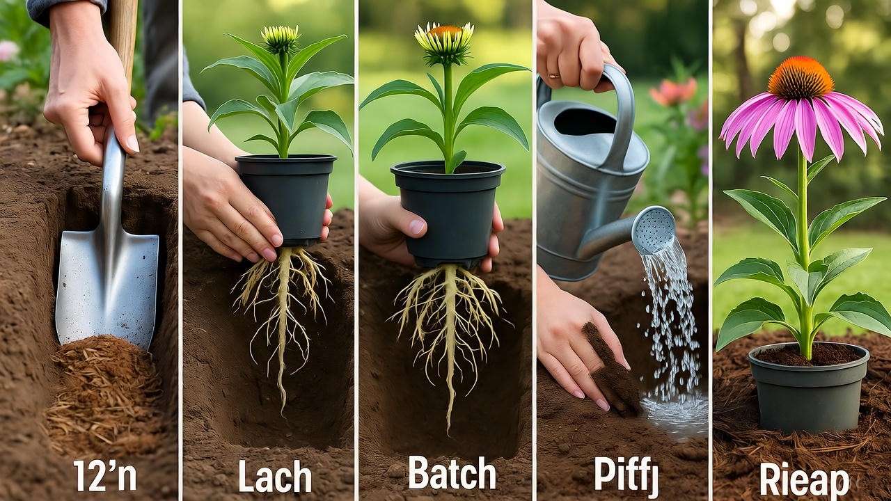 Step-by-step red coneflower planting guide with proper depth and mulching