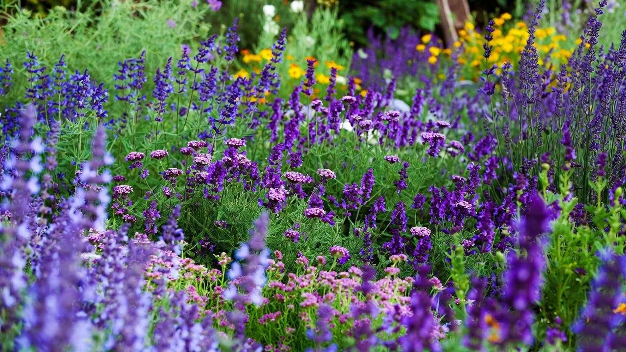 Vibrant garden border with purple flowering plants like lavender and salvia, accented by green foliage and yellow blooms in a sunny landscape.
