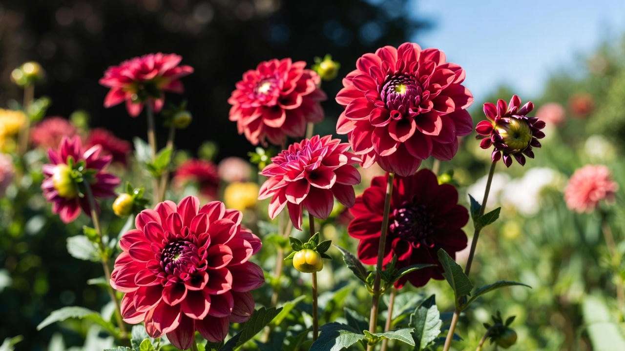  Vibrant red dahlia plants in full bloom in a sunny garden, showcasing varieties like Bishop of Llandaff and Arabian Night.
