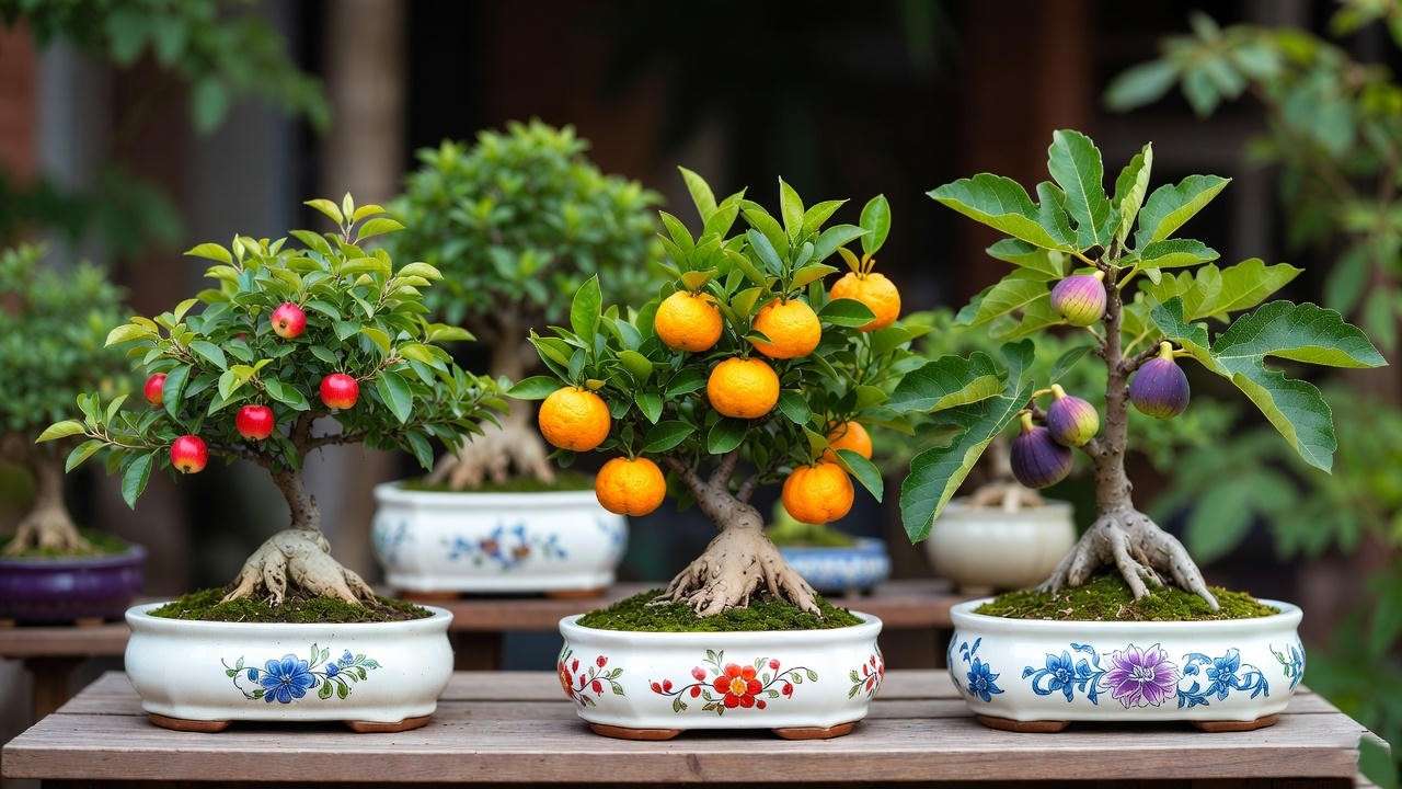 Collection of bonsai fruit trees including dwarf apple, calamondin orange, and fig in pots on a wooden table in a garden setting.