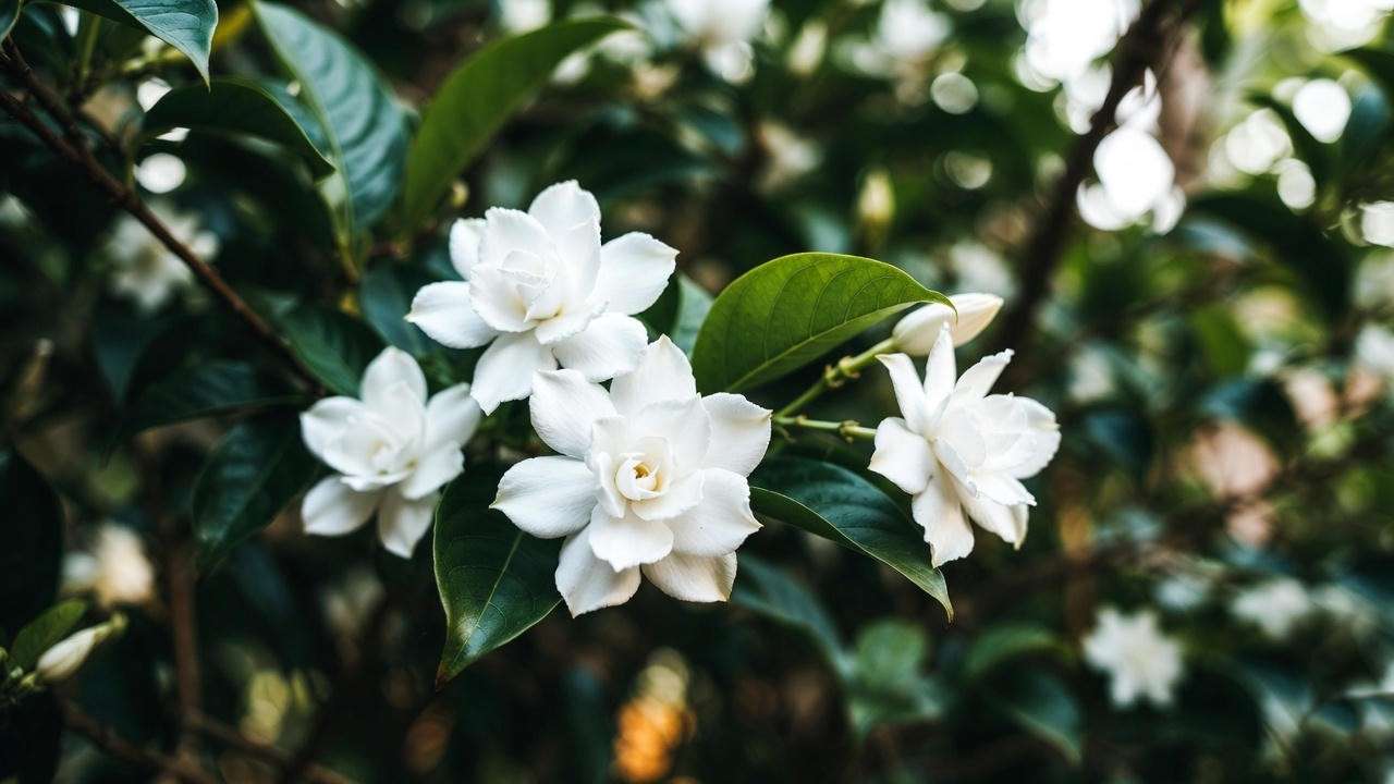 Close-up of a blooming Grand Duke Jasmine plant with double white flowers and glossy green leaves in a tropical garden, showcasing its fragrant allure.