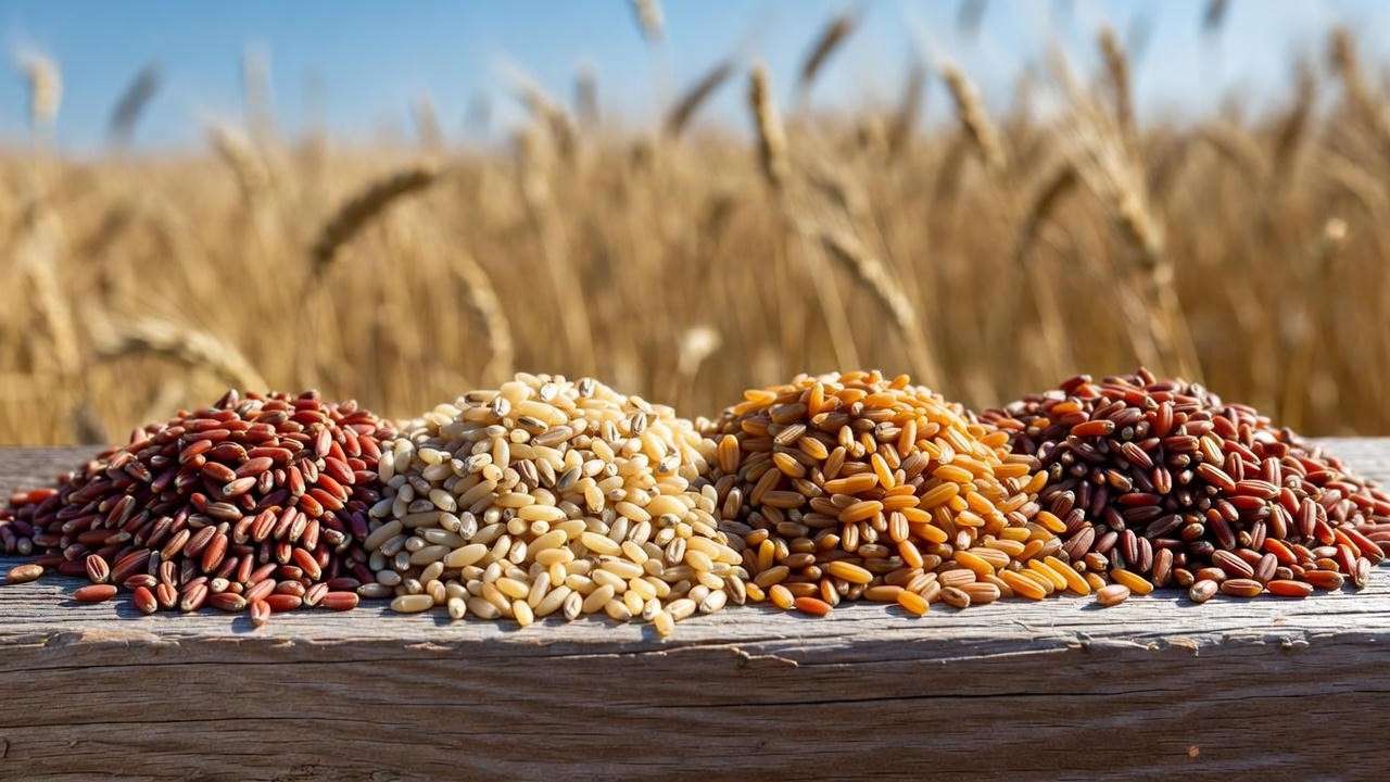 Close-up of various wheat seeds for planting, including hard red winter, soft white, durum, and hard red spring, on a wooden surface with a wheat field background.
