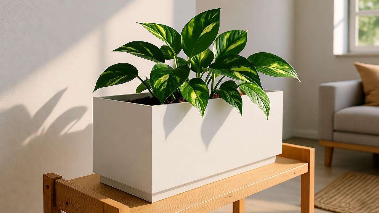 Modern living room with a matte white Milo Planter holding a lush pothos plant on a wooden shelf, bathed in natural light.