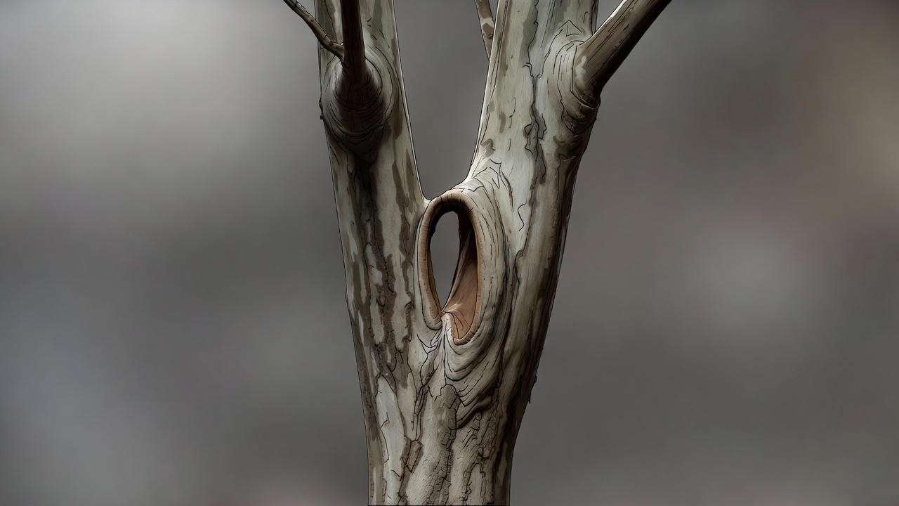 Close-up showing a weak V-shaped crotch and included bark on a Cleveland Pear tree, illustrating the risk of structural failure and splitting. 