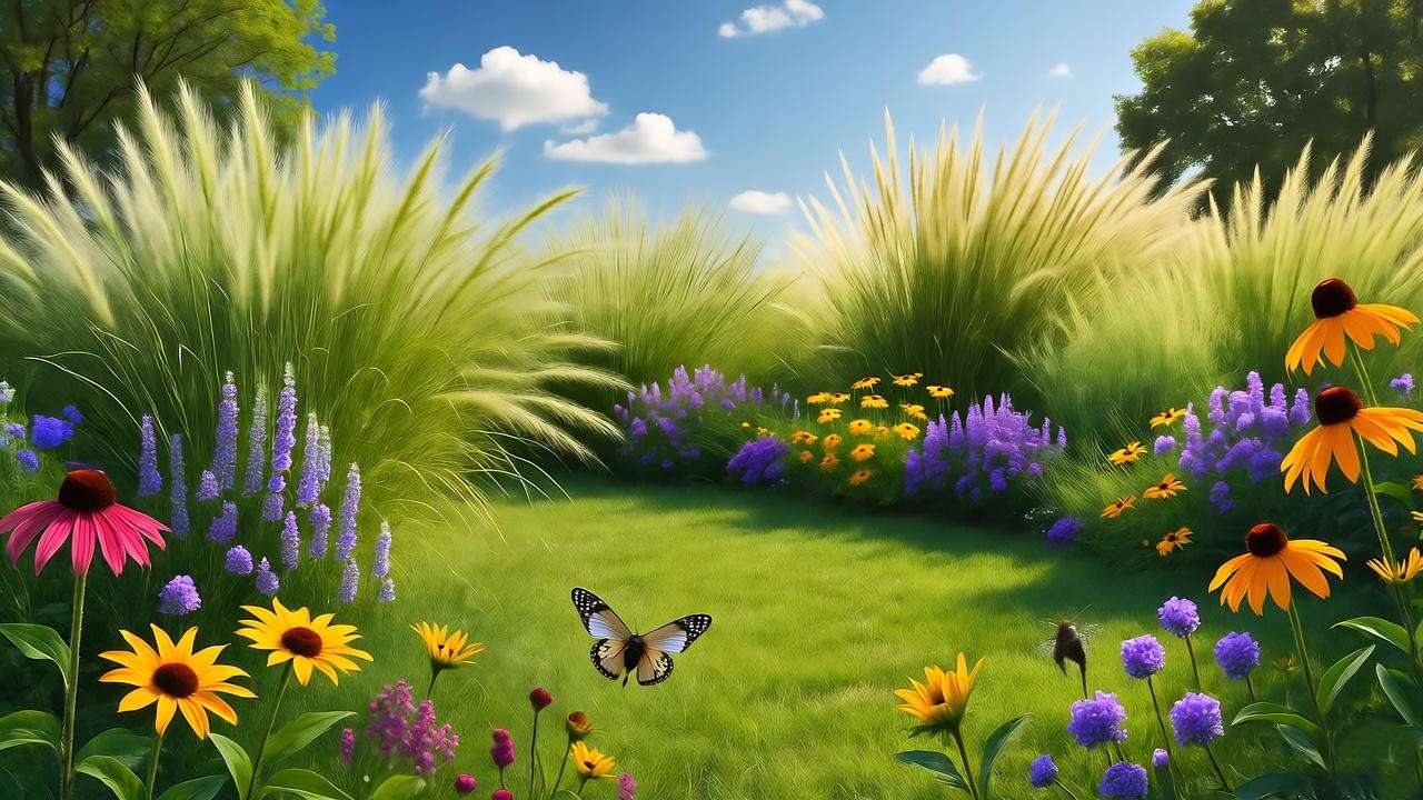 Vibrant backyard with native grass plants and wildflowers, showcasing a low-maintenance, eco-friendly lawn under a clear blue sky.