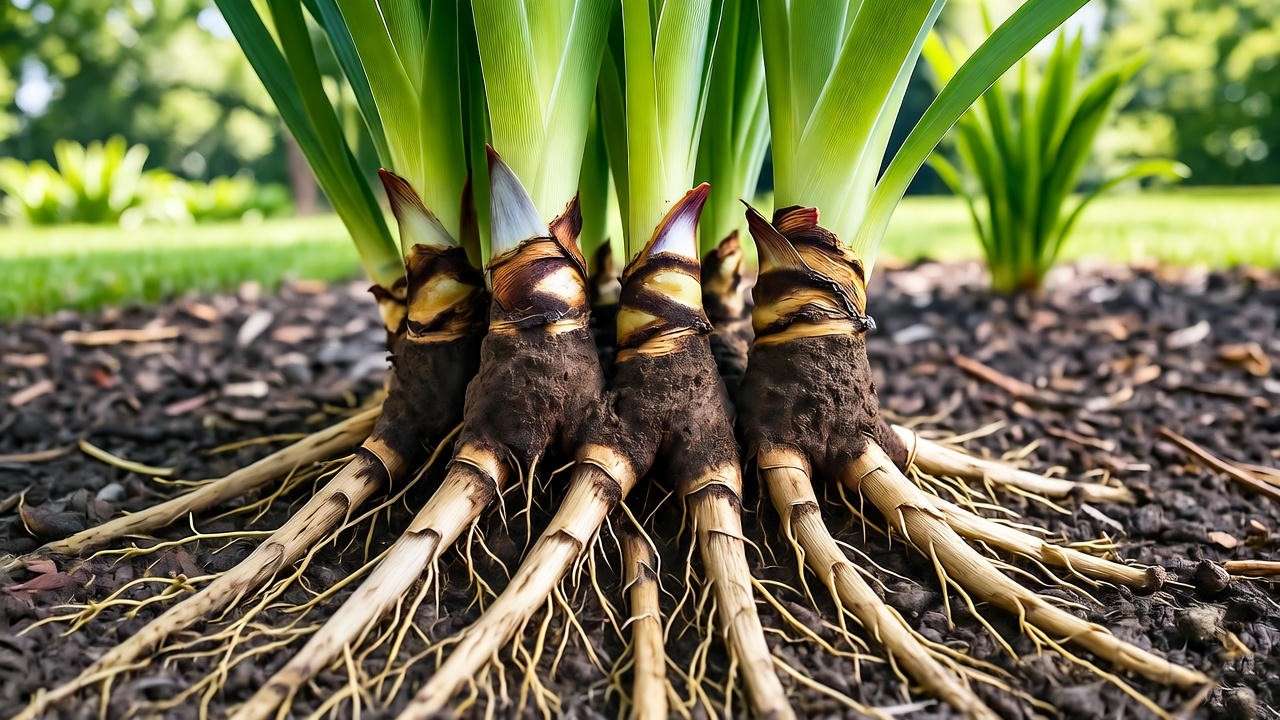 Close-up of iris rhizomes in well-draining soil, highlighting the role of proper fertilization for iris plants. 