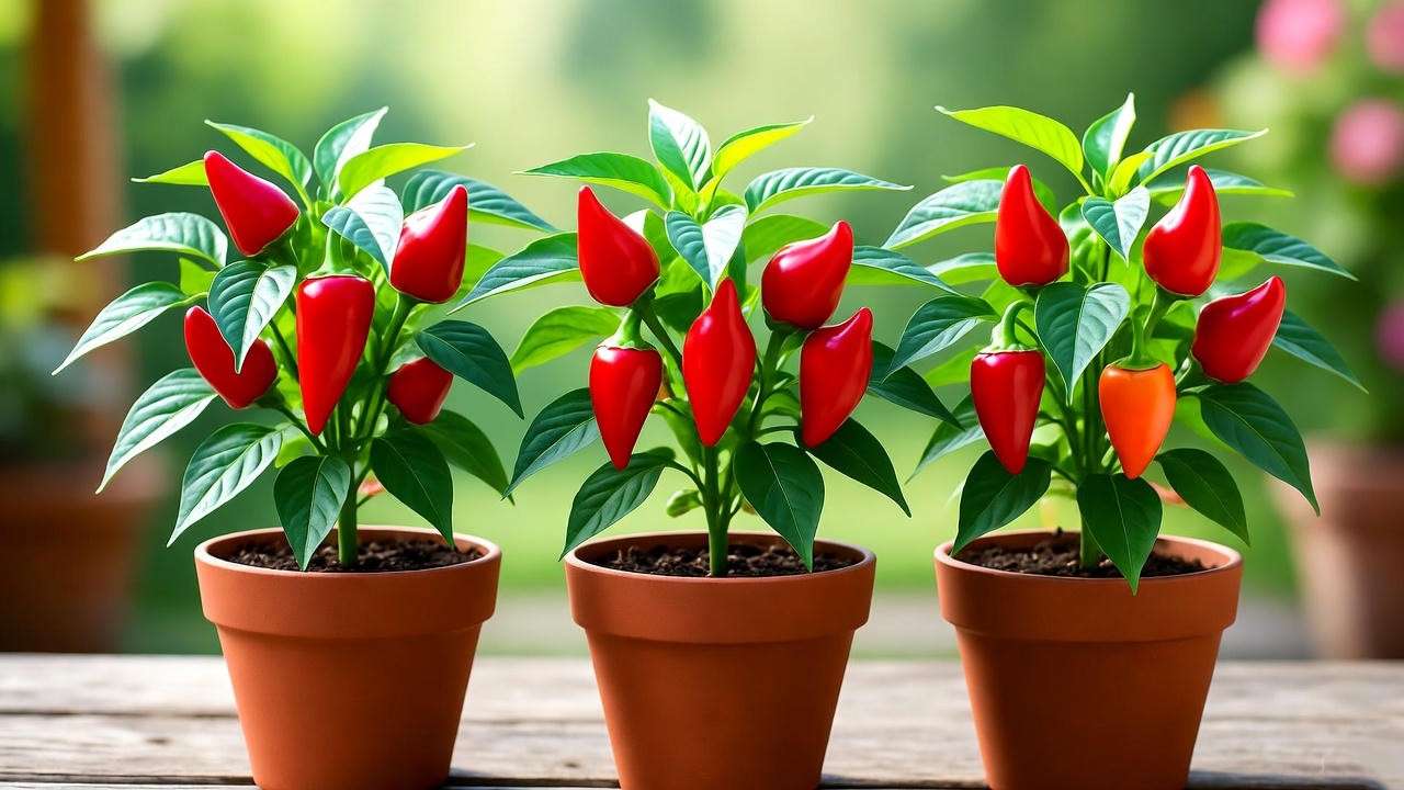 Close-up of Thai Chili, Serrano, and Dwarf Red Hot small red pepper plants in pots, displaying vibrant red peppers and green leaves in a sunny garden.