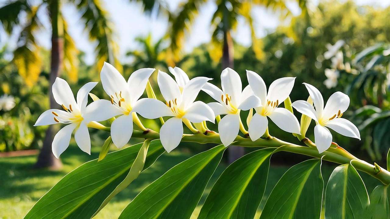 Close-up of a blooming Hawaii ginger plant with white flowers and glossy green leaves in a tropical garden setting. 
