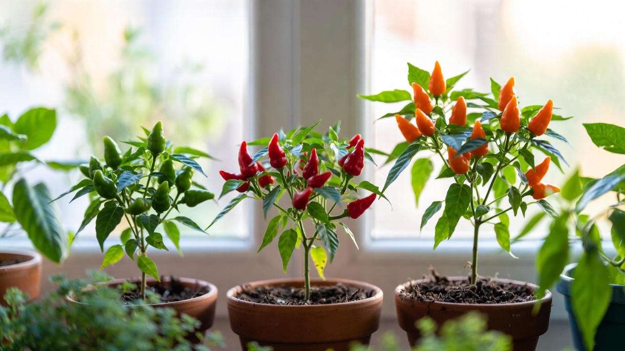 Vibrant Jalapeño, Cayenne, and Thai Hot chilli plants in pots on a windowsill, showcasing green, red, and orange peppers for indoor growing.
