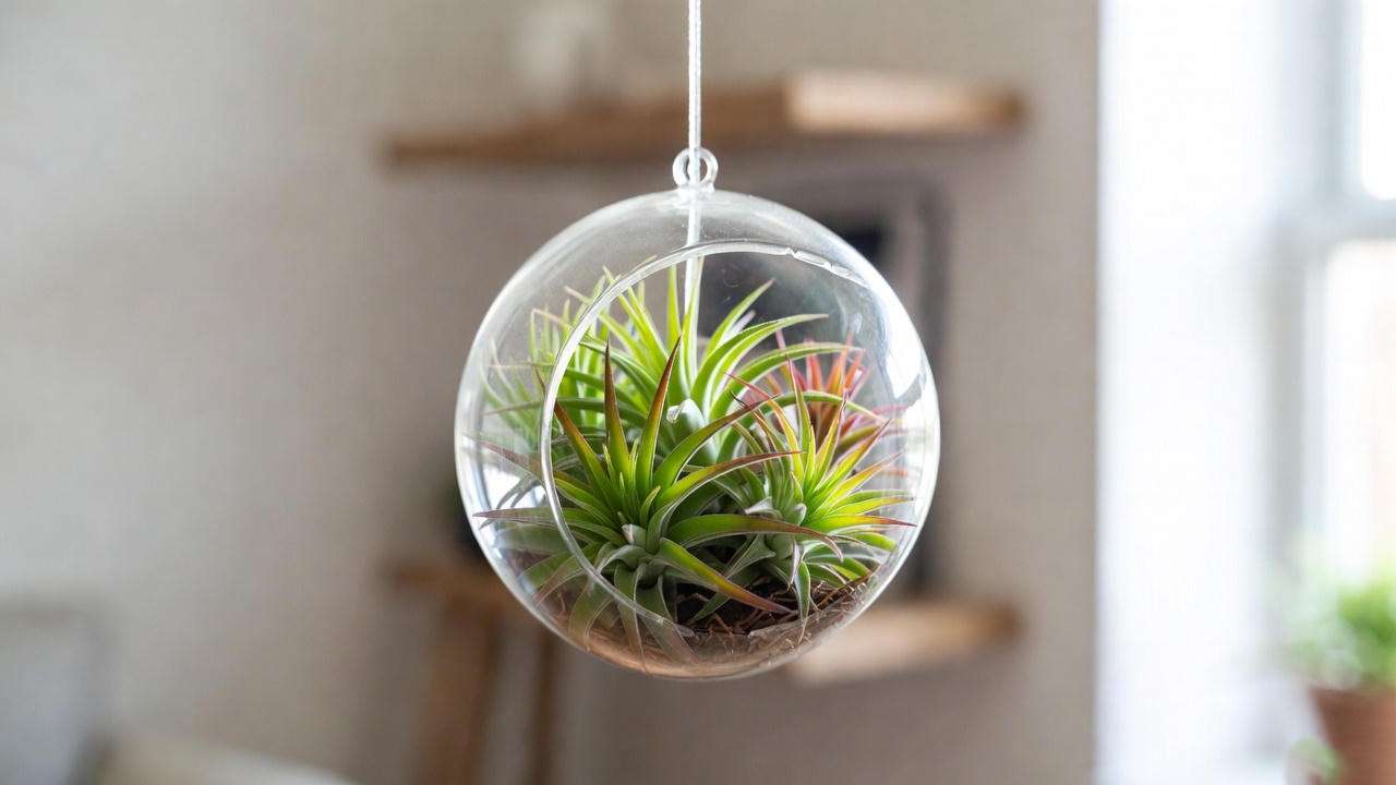 Hanging glass globe planter with air plants in a modern living room, showcasing minimalist indoor decor. 