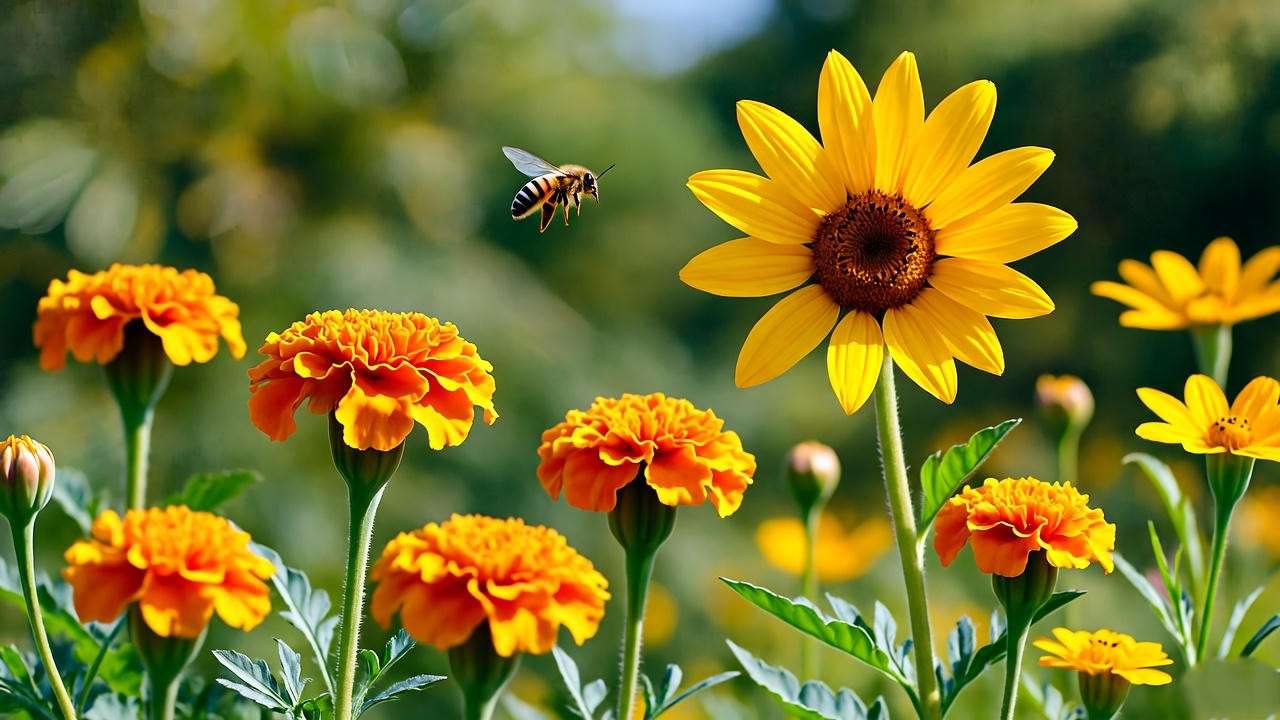 "Vibrant yellow marigolds, sunflowers, and coreopsis with a pollinator bee in a sunny garden." 