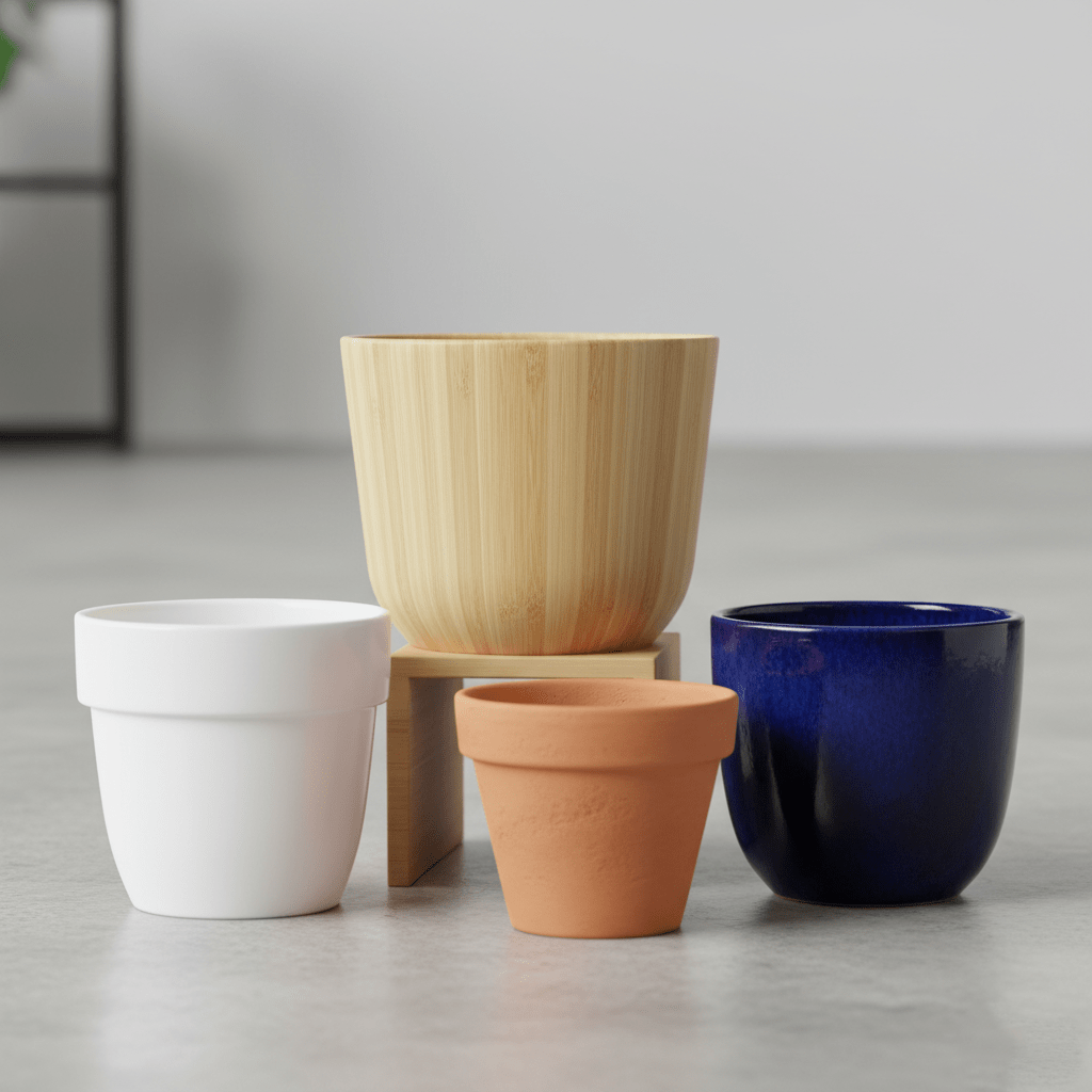 Side-by-side comparison showing a bamboo planter pot next to plastic, terracotta, and ceramic containers, highlighting the natural material.