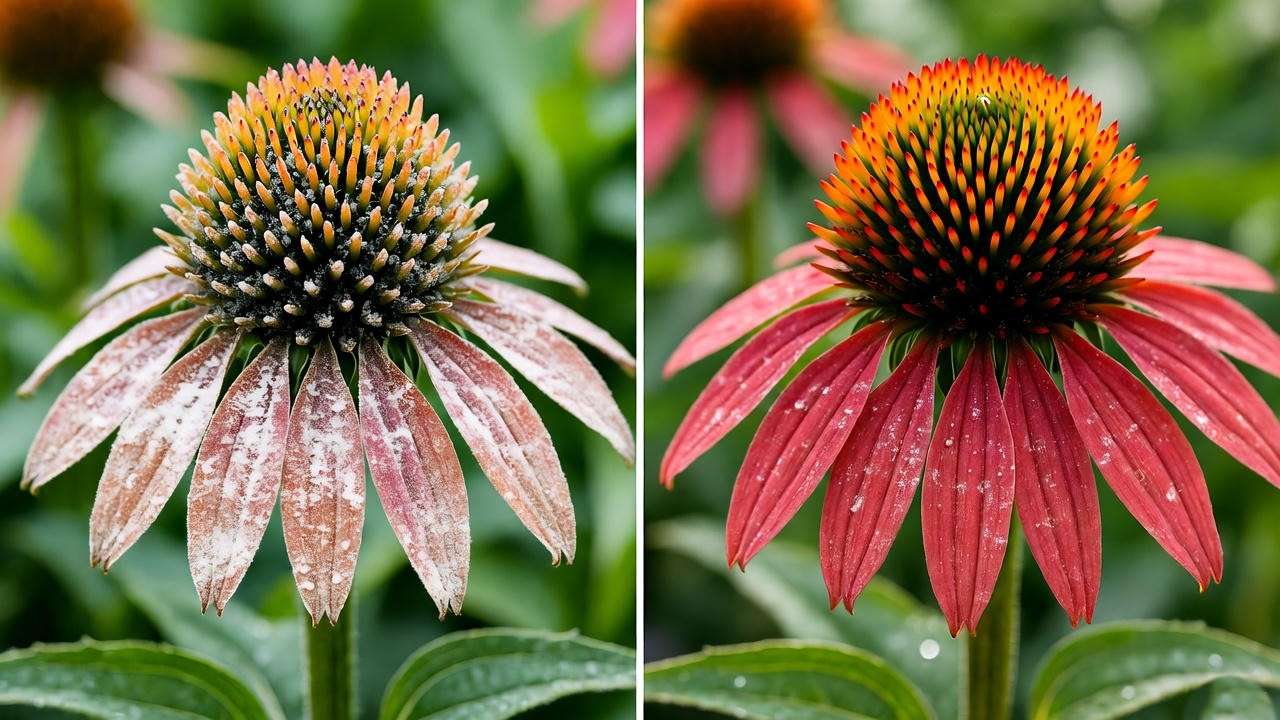 Red coneflower powdery mildew before and after organic treatment