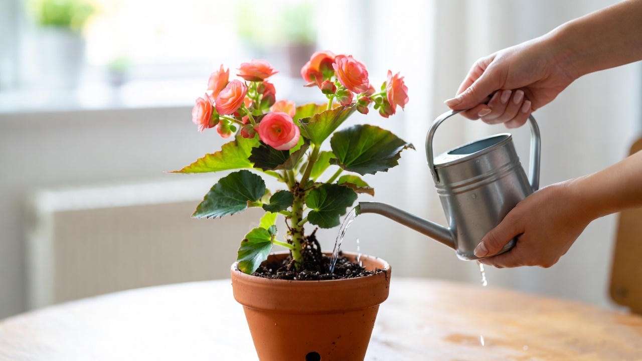 Hands watering a healthy begonia plant in a terracotta pot, showing proper watering technique for vibrant growth.