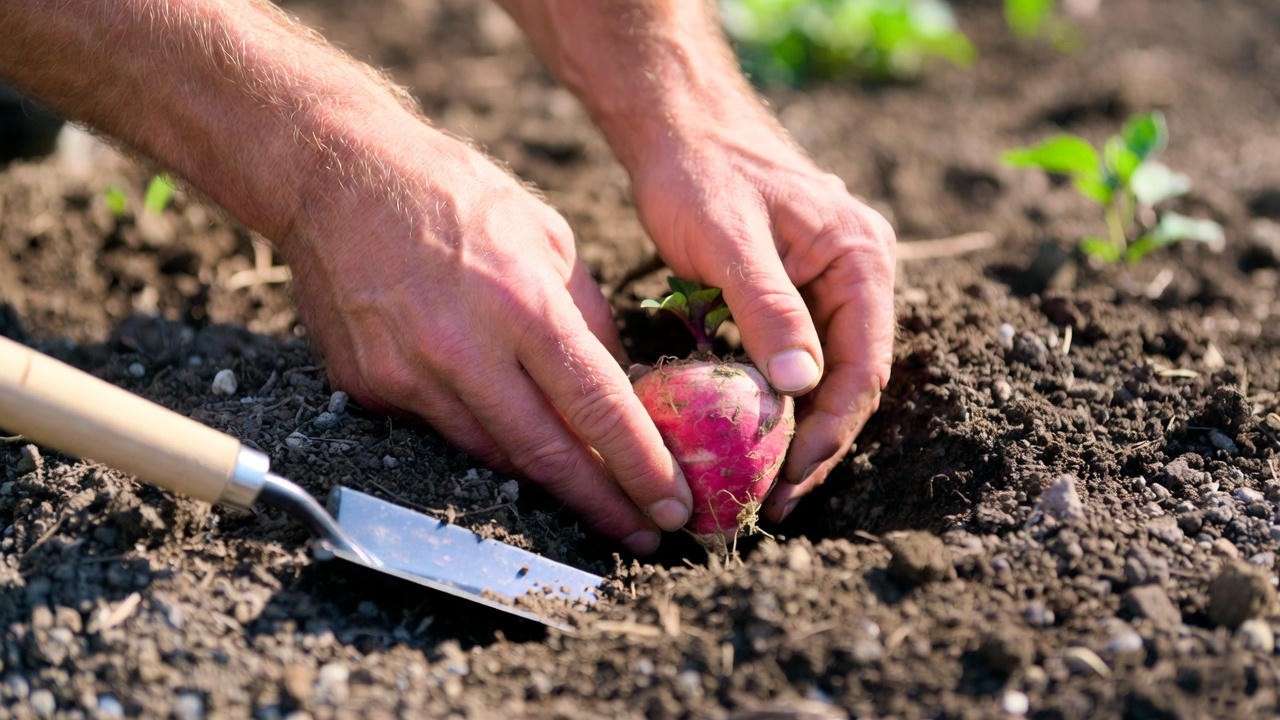 Gardener planting a red dahlia plant tuber in fertile soil, demonstrating proper depth for vibrant blooms.
