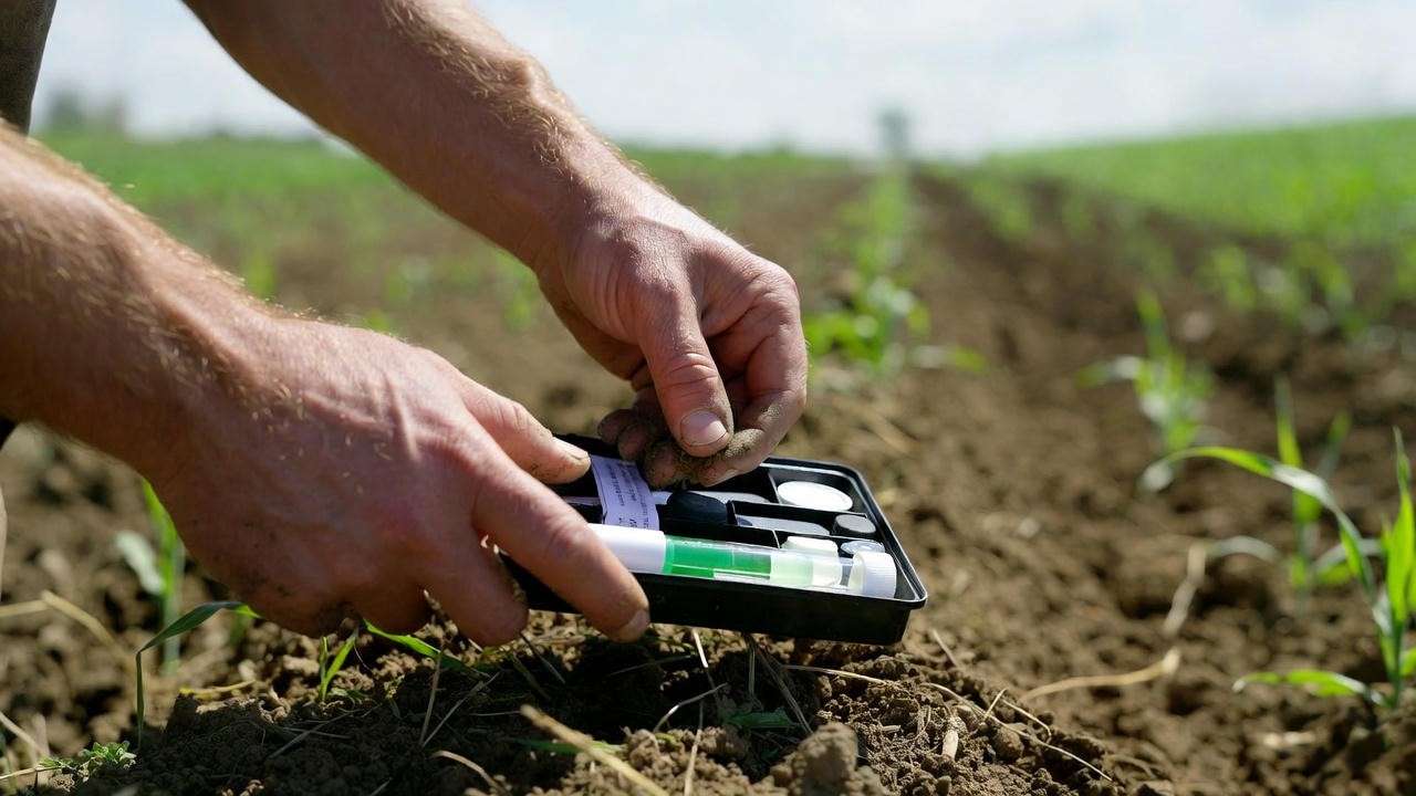 Farmer testing soil in a wheat field to choose the best wheat seeds for planting, with a soil testing kit and young wheat plants in the background.
