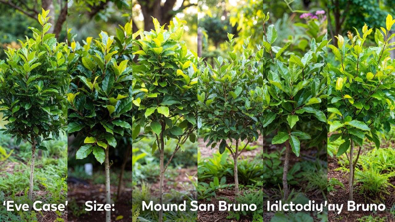 Different coffee berry tree varieties showing contrasting sizes and growth habits.”
