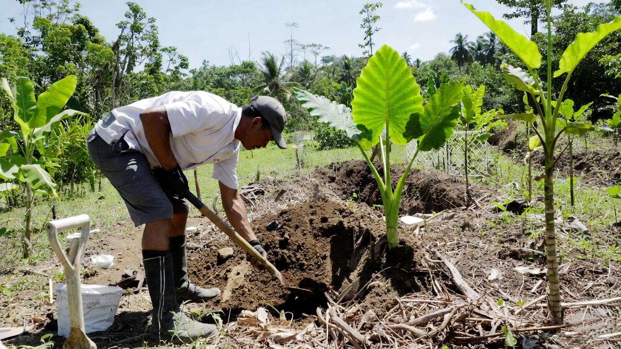 Gardener preparing a sunny site for planting an elephant ear tree sapling in loamy soil. 
