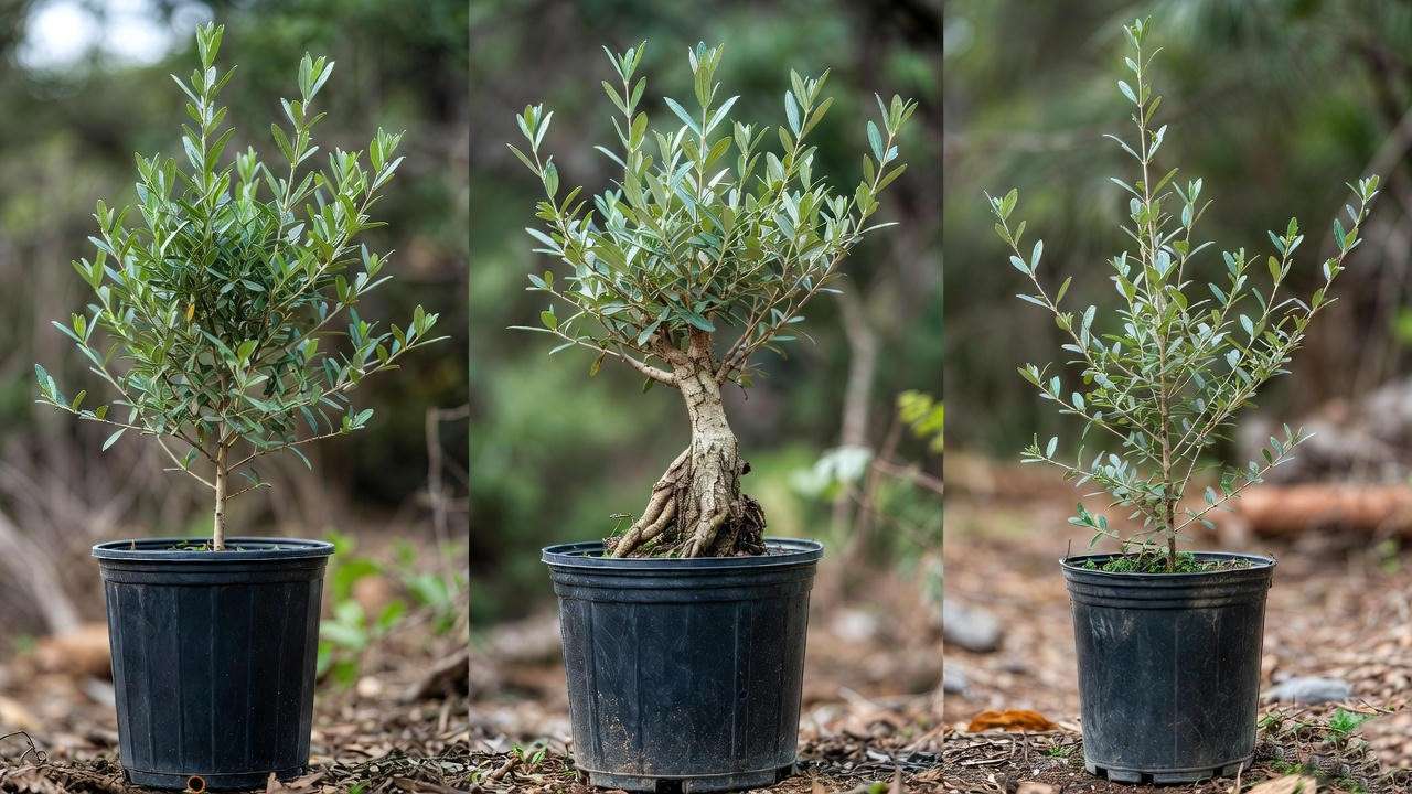 “Different types of wild olive bonsai starter material including nursery stock, yamadori, and seedlings.” 