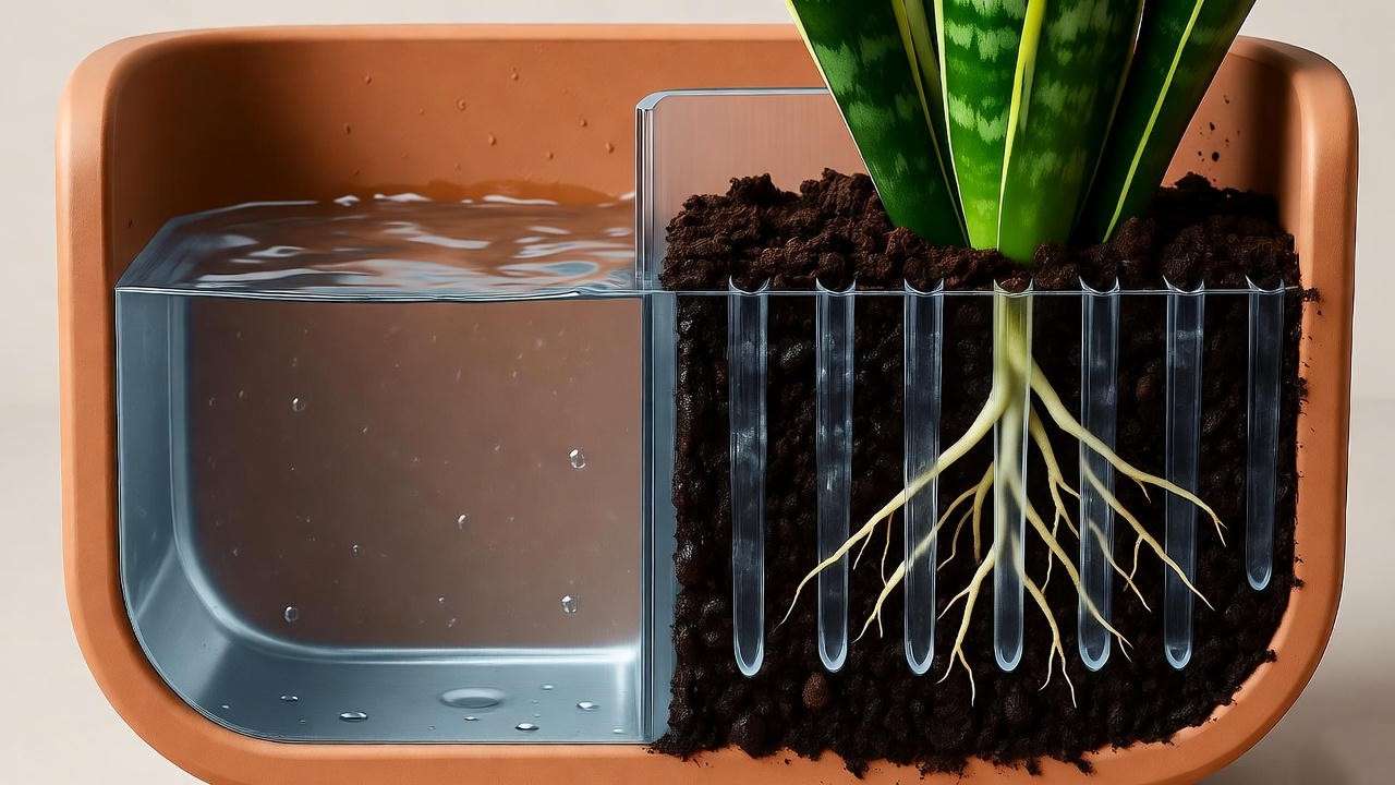 Close-up of a terracotta Milo Planter’s self-watering reservoir with a snake plant, showing wicking channels and soil.