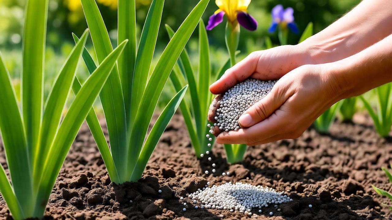  Gardener applying granular fertilizer for iris plants, demonstrating proper fertilization technique in a garden