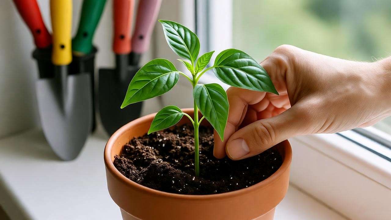 Hands planting a small red pepper seedling in a terracotta pot on a sunny windowsill, with gardening tools in the background.