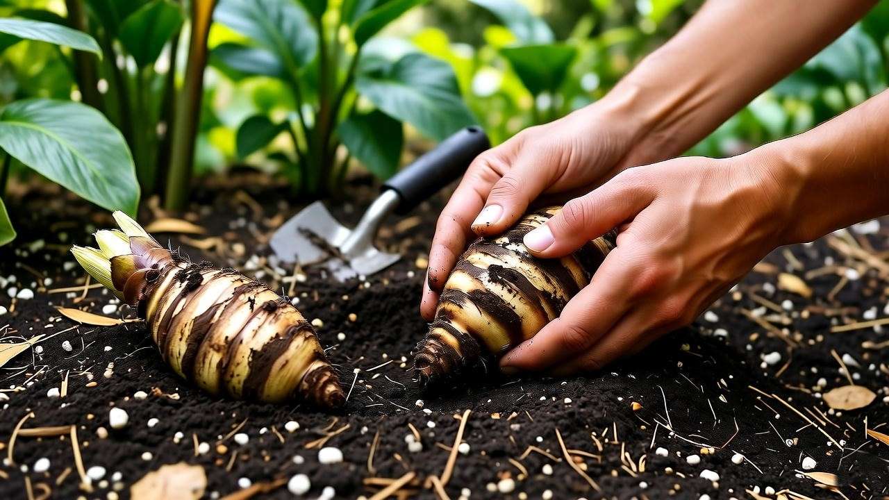 Gardener planting Hawaii ginger rhizomes in rich soil in a tropical garden. 