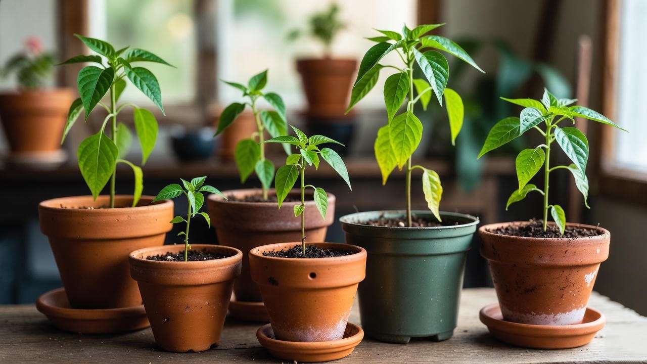 Assorted terracotta, ceramic, and plastic pots with young chilli plants, highlighting drainage holes for indoor gardening.
