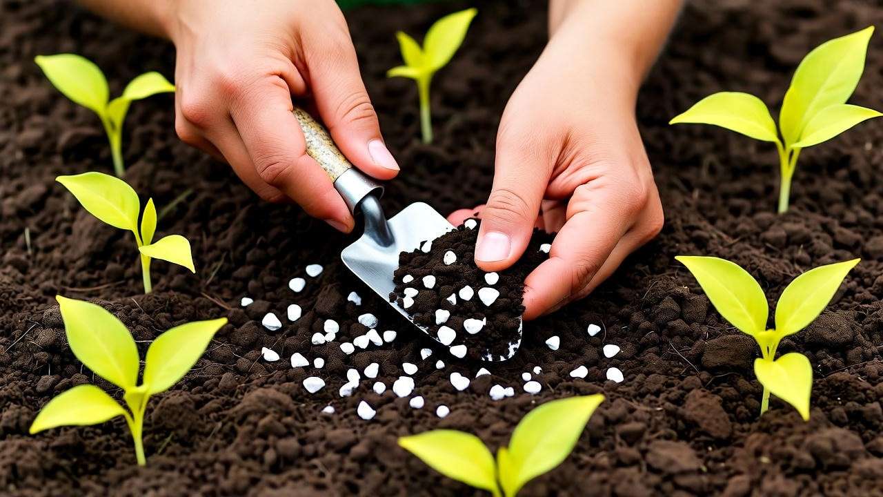 Gardener preparing soil mix with compost and perlite for yellow plant sprouts." 
