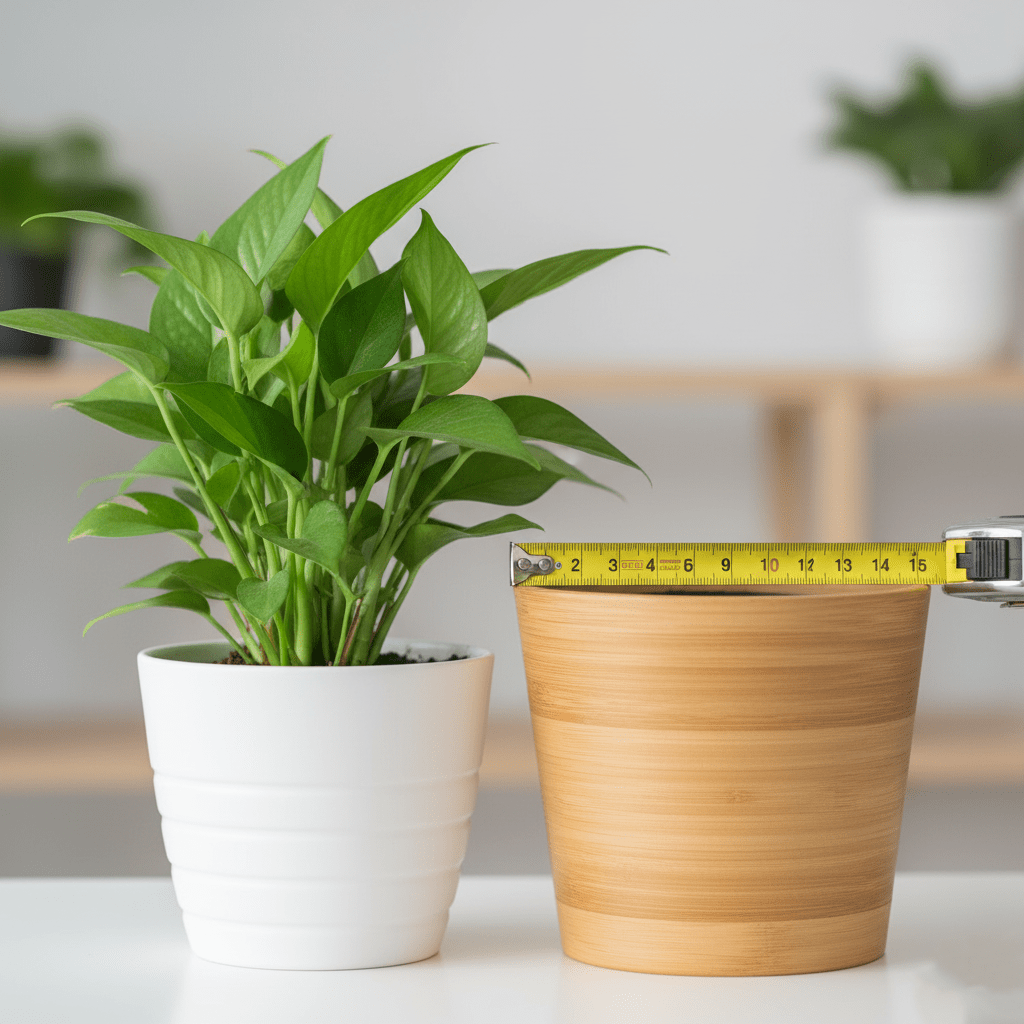 Visual illustration of the 2-Inch Rule for repotting, showing the proper size progression from a small pot to a larger bamboo planter pot.