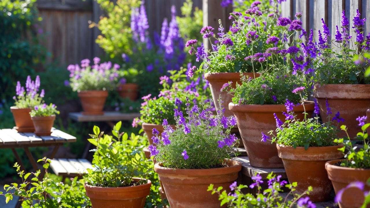 Terracotta pots with purple flowering plants like verbena and salvia on a sunny patio, showcasing a compact garden design.