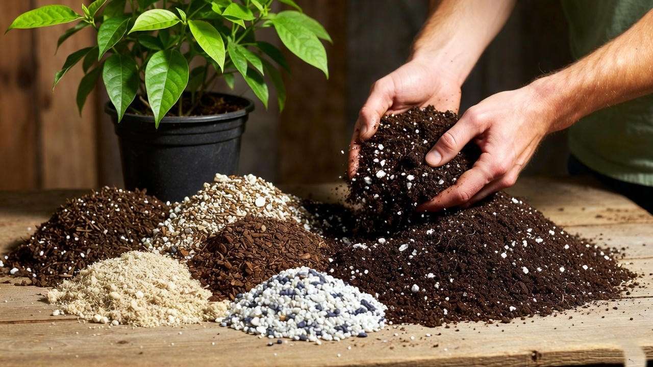 Gardener mixing well-draining soil with perlite and compost for Grand Duke Jasmine plant care, showcasing ideal soil texture.