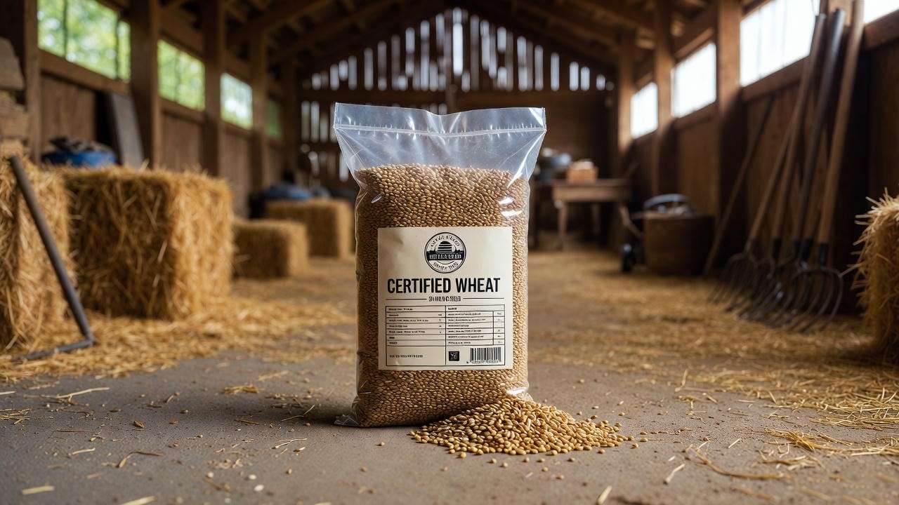 Certified wheat seeds for planting spilling from a seed bag in a rustic barn, emphasizing quality and authenticity for farmers.
