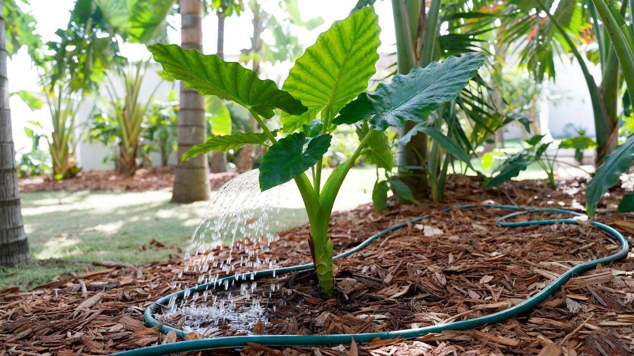 Young elephant ear tree being watered with a soaker hose in a mulched tropical garden. 