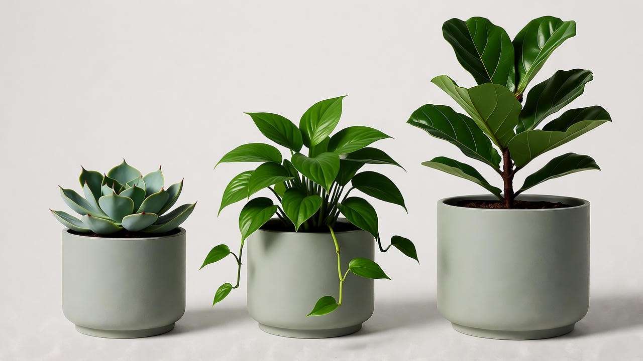 Three Milo Planters (small, medium, large) with a succulent, pothos, and fiddle leaf fig on a white surface