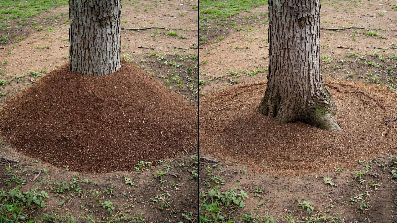 Comparison image showing incorrect 'volcano' mulching (too high) versus proper mulching technique (kept away from the tree trunk flare). 