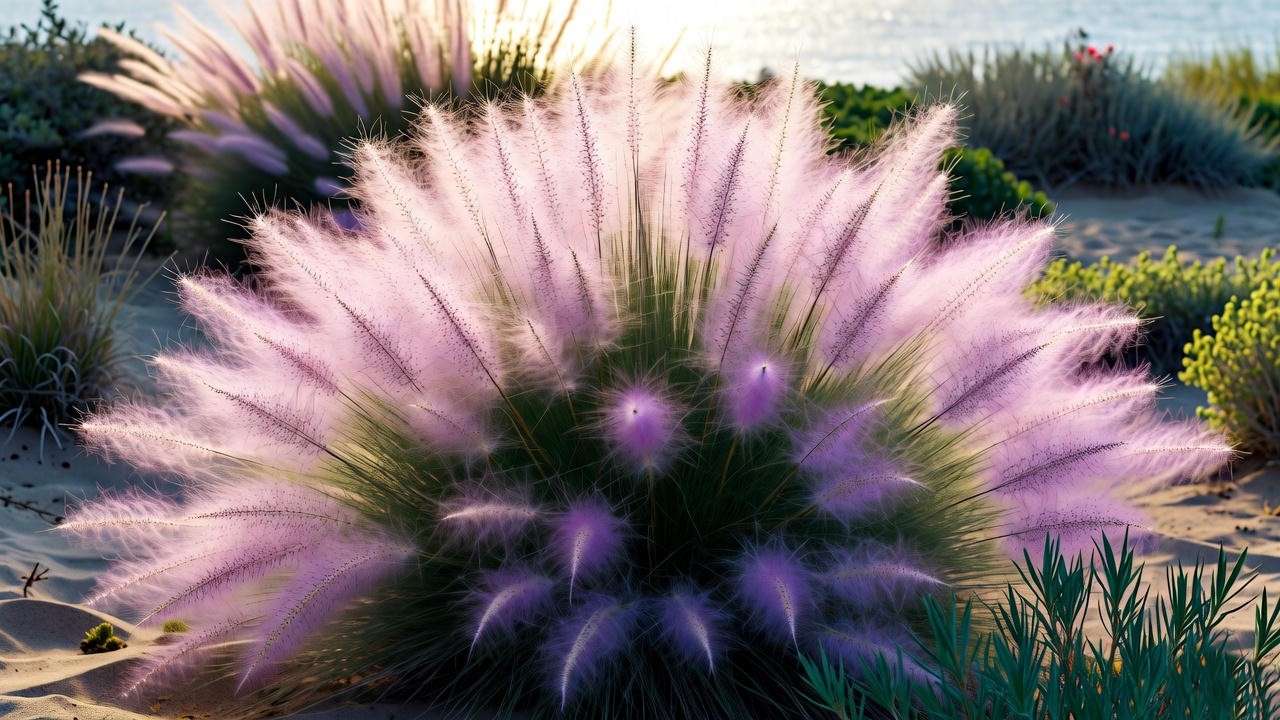 Pinkish-purple muhly grass in bloom, a native grass plant, in a coastal garden with sandy soil and soft sunlight.