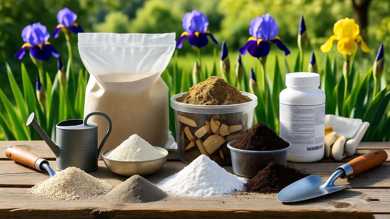 Organic and synthetic fertilizers for iris plants displayed on a garden table with iris blooms in the background. 