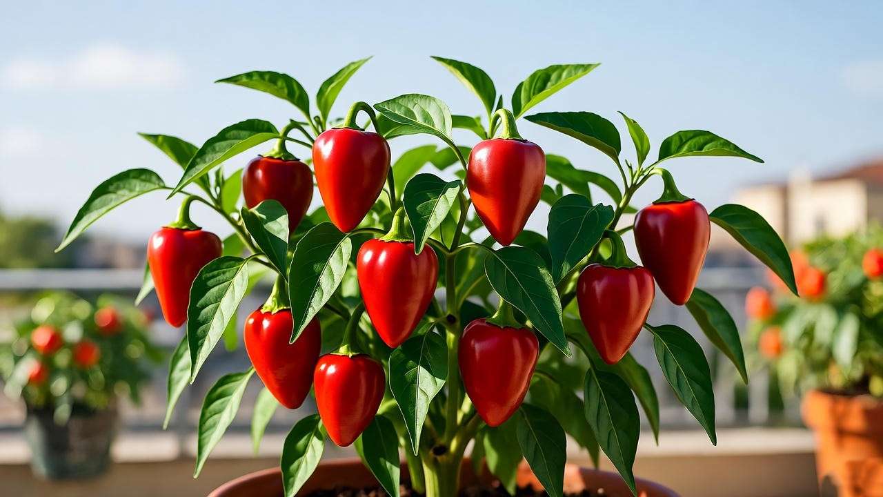 Thriving small red pepper plant in a pot on a sunny balcony, with glossy red peppers and green leaves against a blurred urban background.