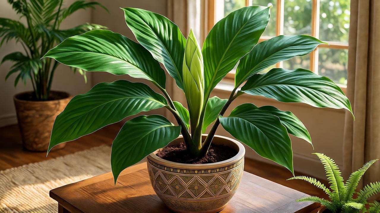 Potted Hawaii ginger plant in a decorative ceramic pot in a bright indoor setting with tropical decor.
