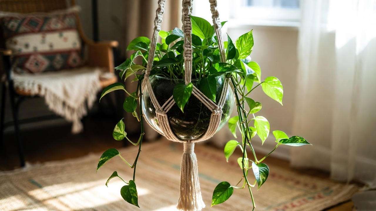 Hanging globe planter with cascading pothos vines in a boho-style room with macramé hanger and cozy deco