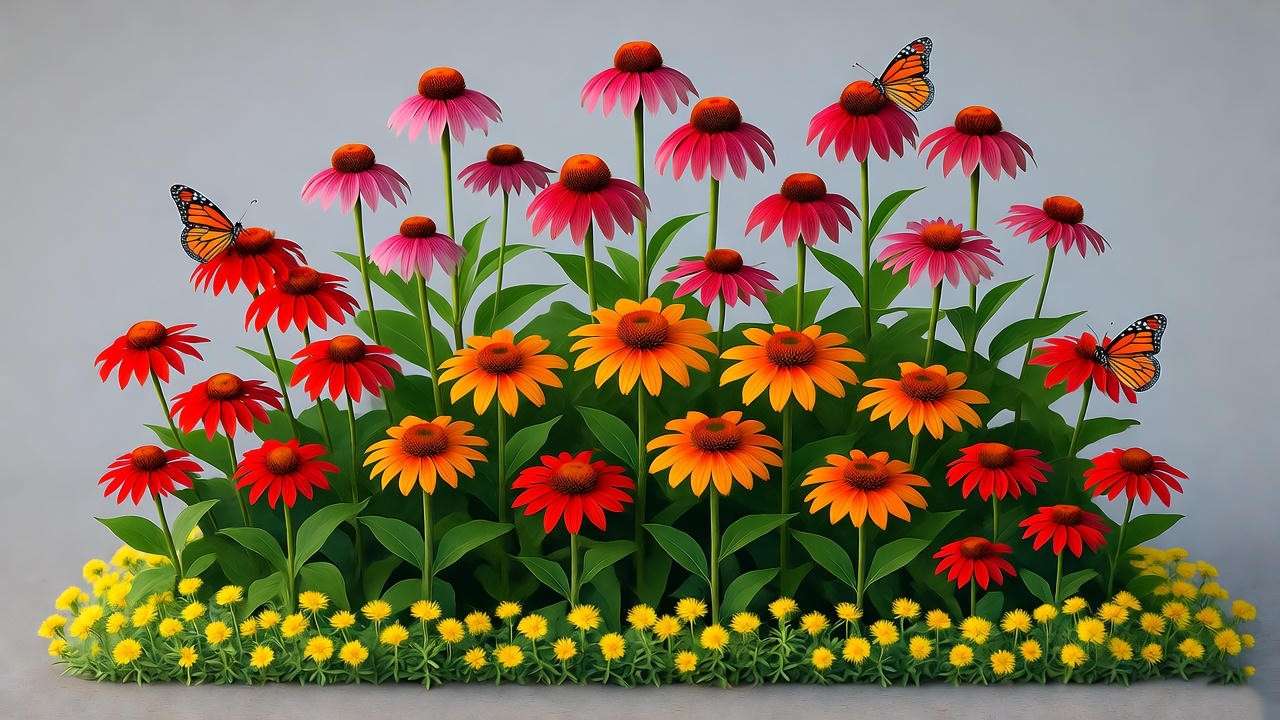 3-tier red coneflower pollinator border design with butterflies