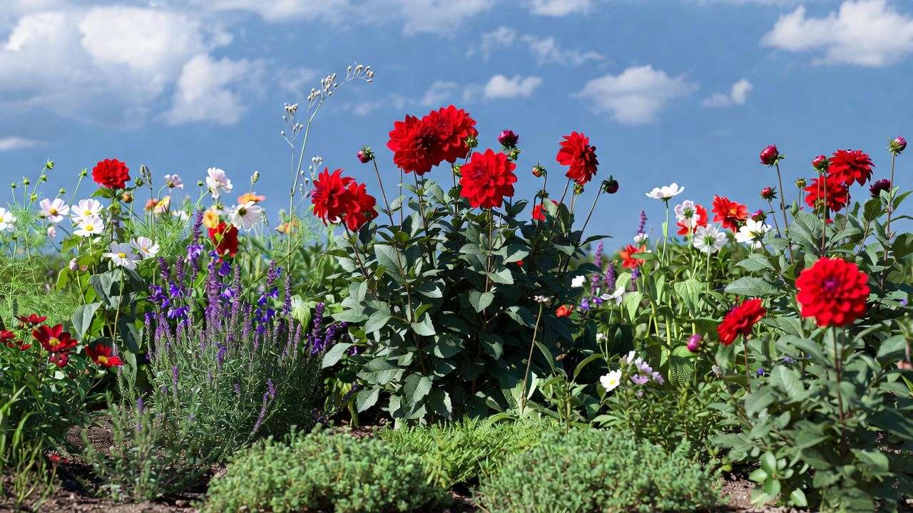 Red dahlia plants in a garden bed with white cosmos and purple salvia, creating a vibrant, layered landscape design.
