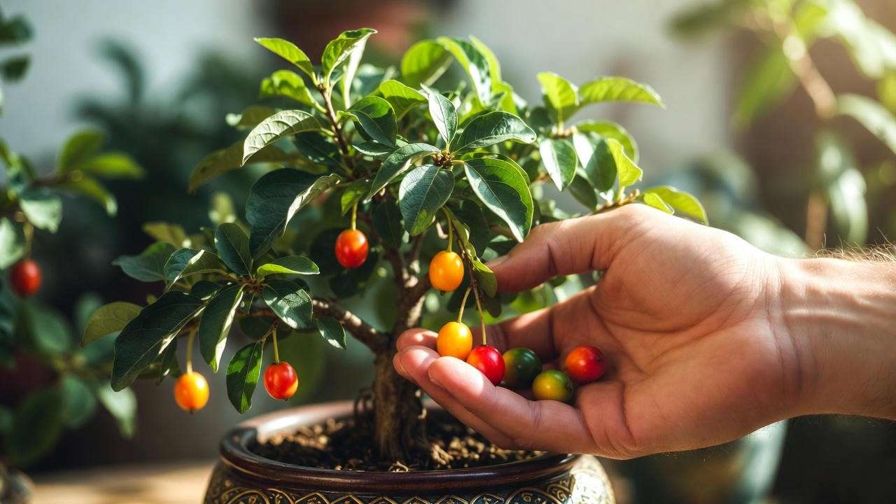 Hand harvesting ripe figs from a bonsai fruit tree in a decorative pot on a patio.